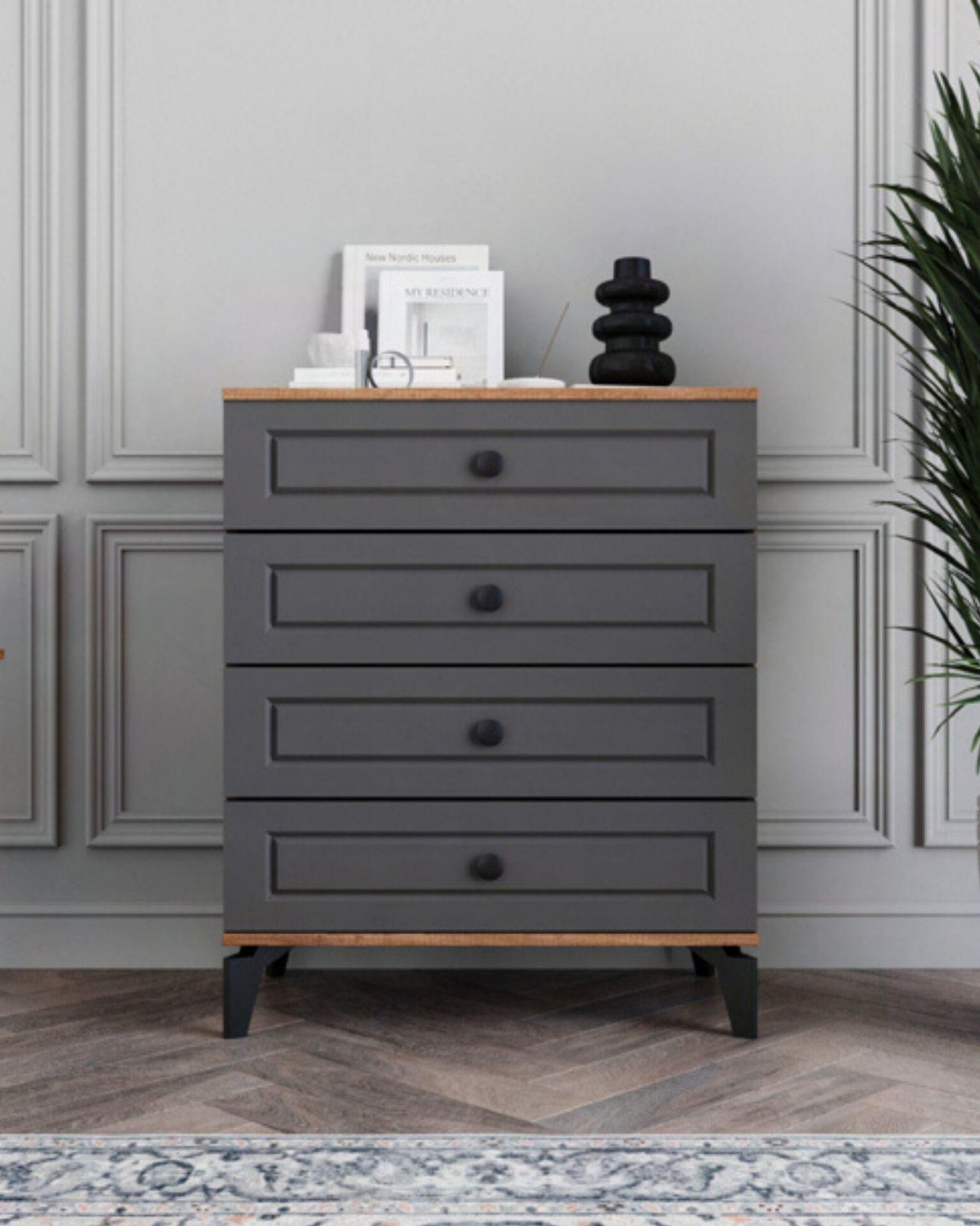 Panjur Fix 4 Çekmeceli Şifonyer / %100 MDF / Ücretsiz Kurulum - Teslimat / Antrasit