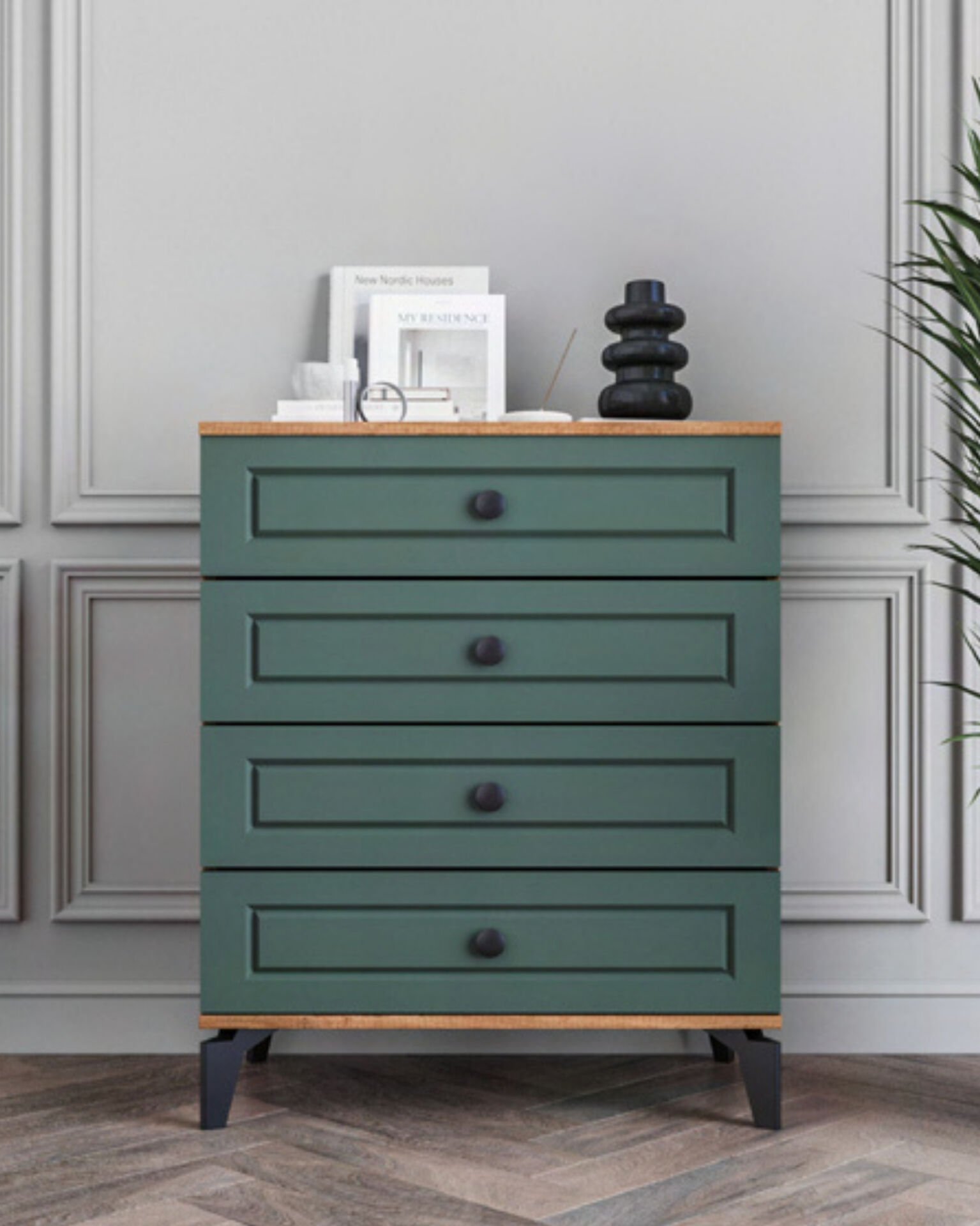 Panjur Fix 4 Çekmeceli Şifonyer / %100 MDF / Ücretsiz Kurulum - Teslimat / Haki Yeşil