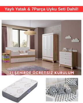 Miracool Mira Meşe Sedir Bebek ve Çocuk Odası / Yatak ve 7Parça Uyku Seti Dahil / Ücretsiz Kurulum