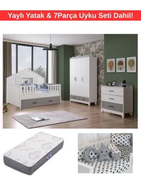 Miracool Ottoman Grey Montessori Bebek ve Çocuk Odası / Yatak ve 7Parça Uyku Seti Dahil / Ücretsiz Kurulum