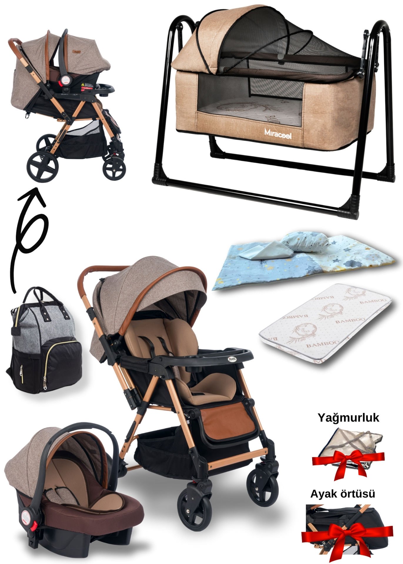 Joell Trendy Bebek Arabası & Puset & Loft Beşik & Çanta & 3'lü Nevresim