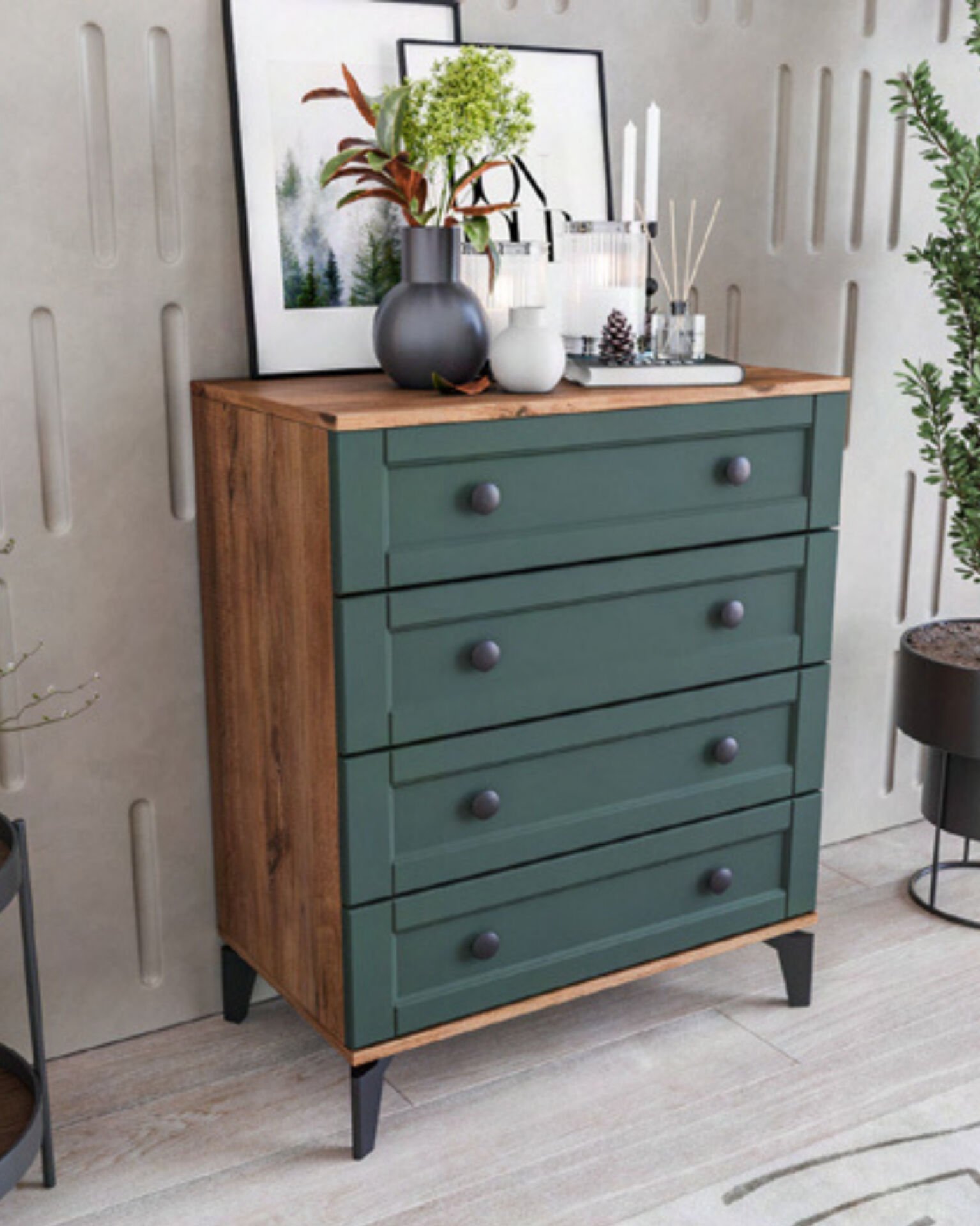 Silva 4 Çekmeceli Şifonyer / %100 MDF / Ücretsiz Kurulum - Teslimat / Haki Yeşil