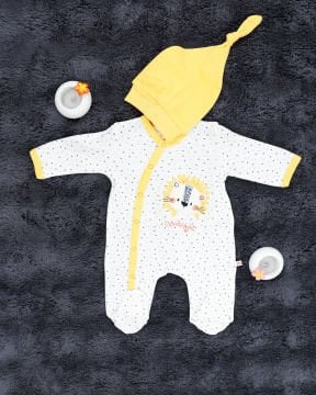 Aslan Desenli Çıtçıtlı Tulum / Şapka Hediye / %100 Pamuklu