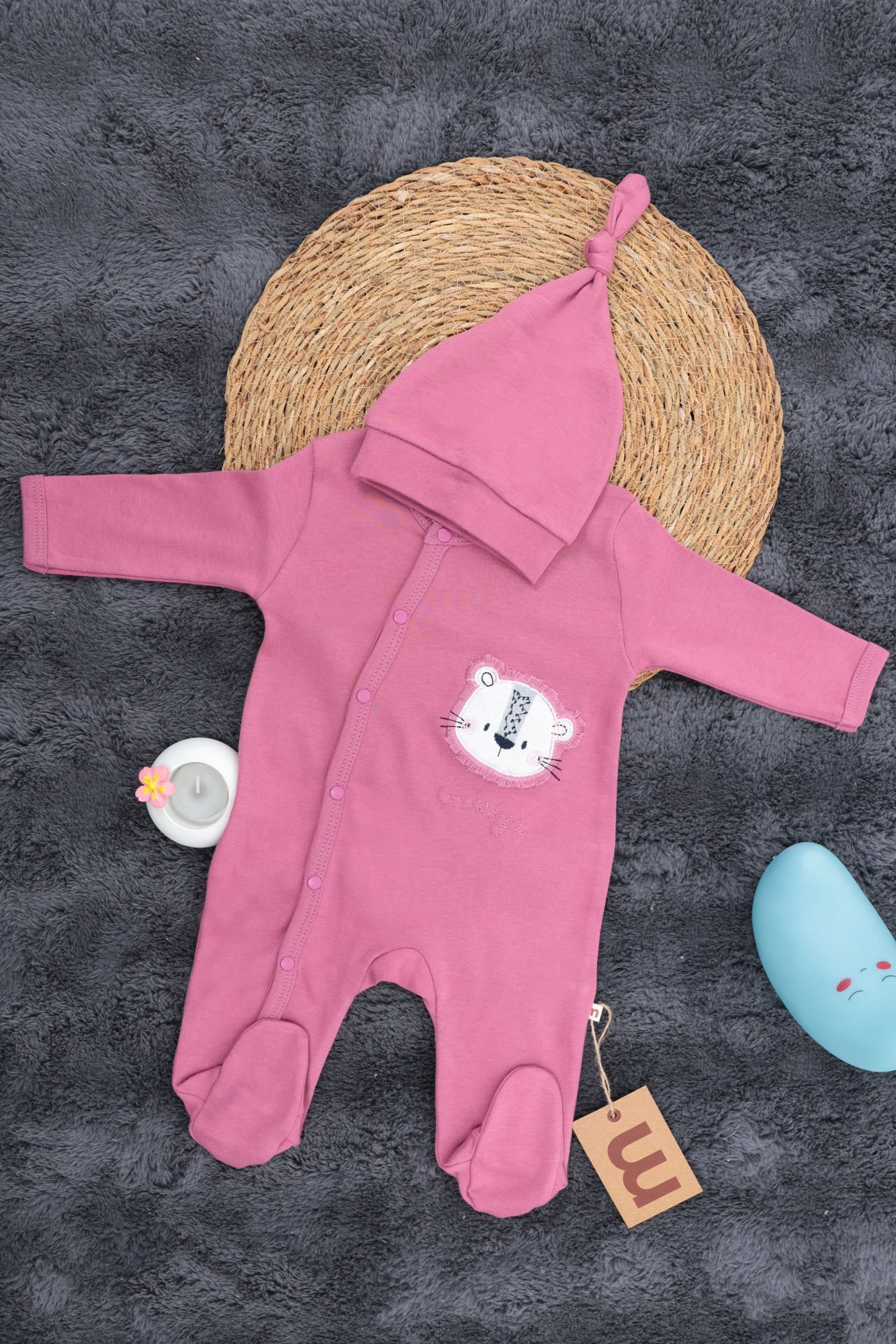 Aslan Desenli Çıtçıtlı Tulum / Şapka Hediye / %100 Pamuklu