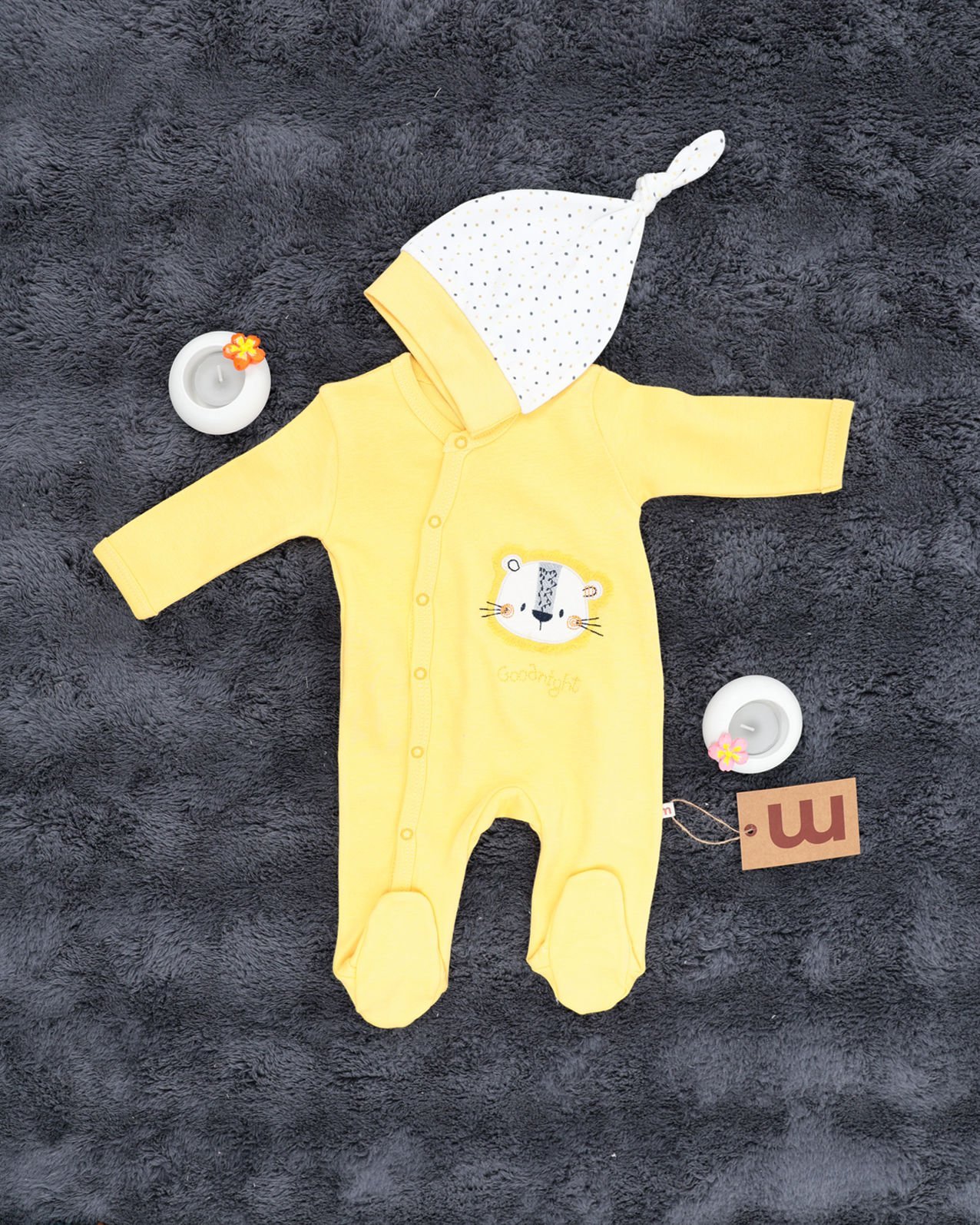 Aslan Desenli Çıtçıtlı Tulum / Şapka Hediye / %100 Pamuklu 0-3 Ay - Sarı