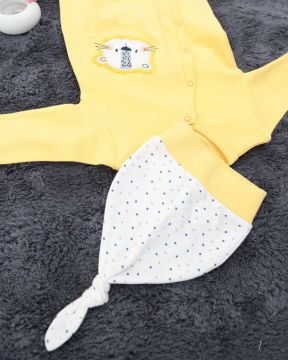 Aslan Desenli Çıtçıtlı Tulum / Şapka Hediye / %100 Pamuklu 0-3 Ay - Sarı