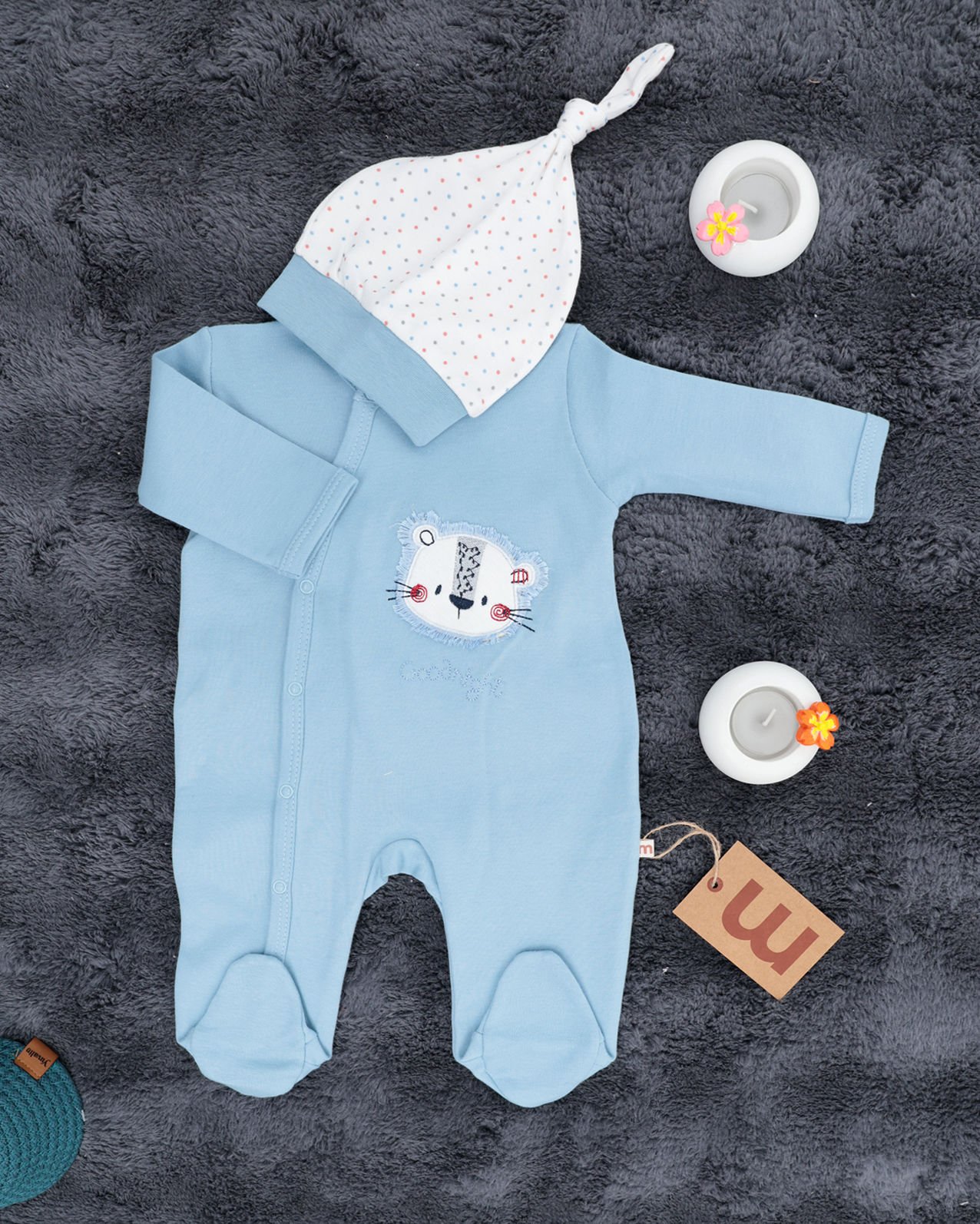 Aslan Desenli Çıtçıtlı Tulum / Şapka Hediye / %100 Pamuklu 0-3 Ay - mavi