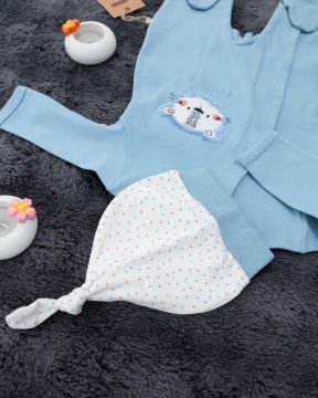 Aslan Desenli Çıtçıtlı Tulum / Şapka Hediye / %100 Pamuklu 0-3 Ay - mavi