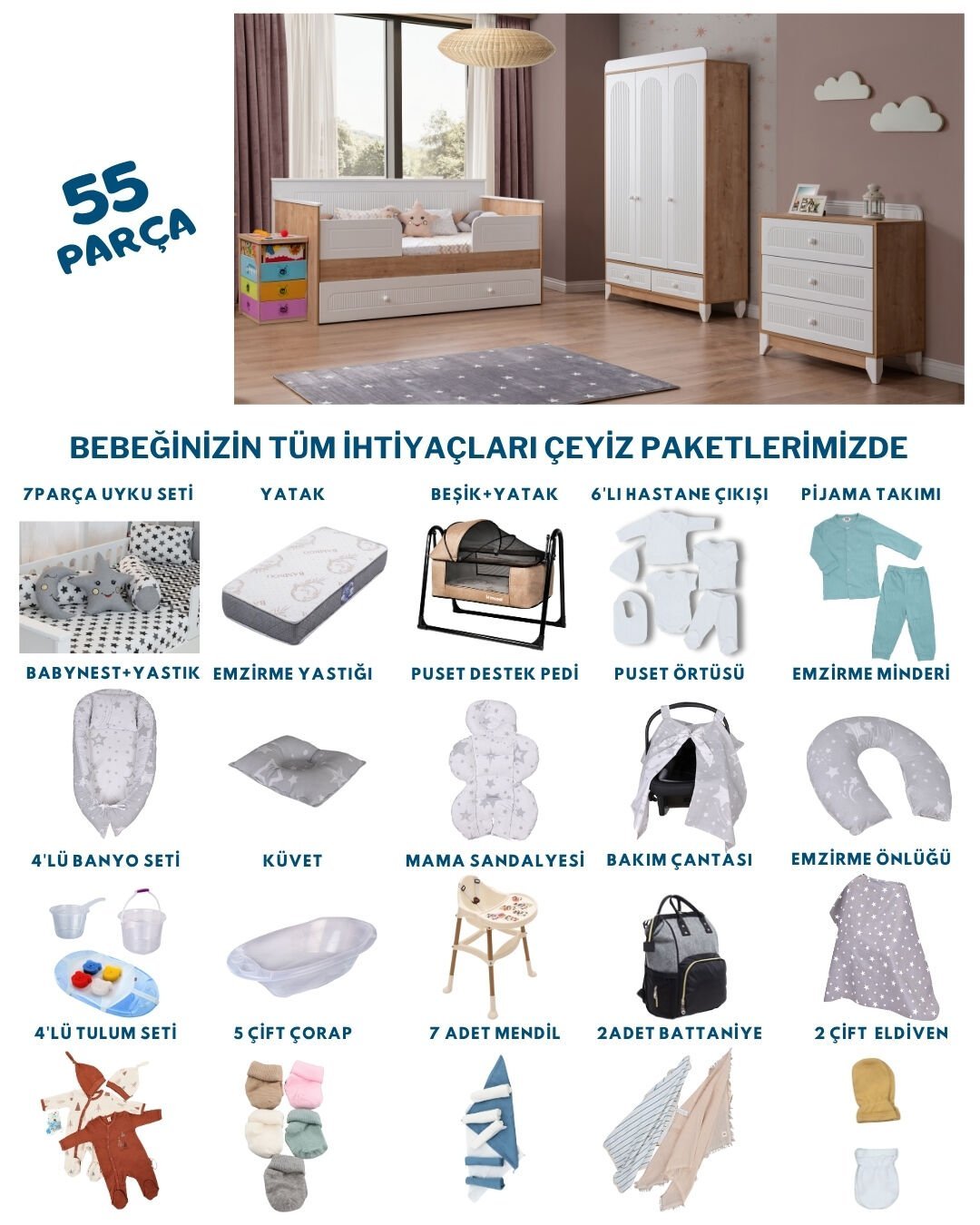 Mira Meşe Sedir Bebek Çeyiz Paketi