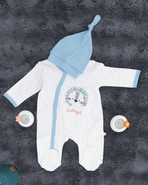 Aslan Desenli Çıtçıtlı Tulum / Şapka Hediye / %100 Pamuklu 0-3 Ay - Beyaz-Mavi
