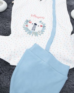 Aslan Desenli Çıtçıtlı Tulum / Şapka Hediye / %100 Pamuklu 0-3 Ay - Beyaz-Mavi