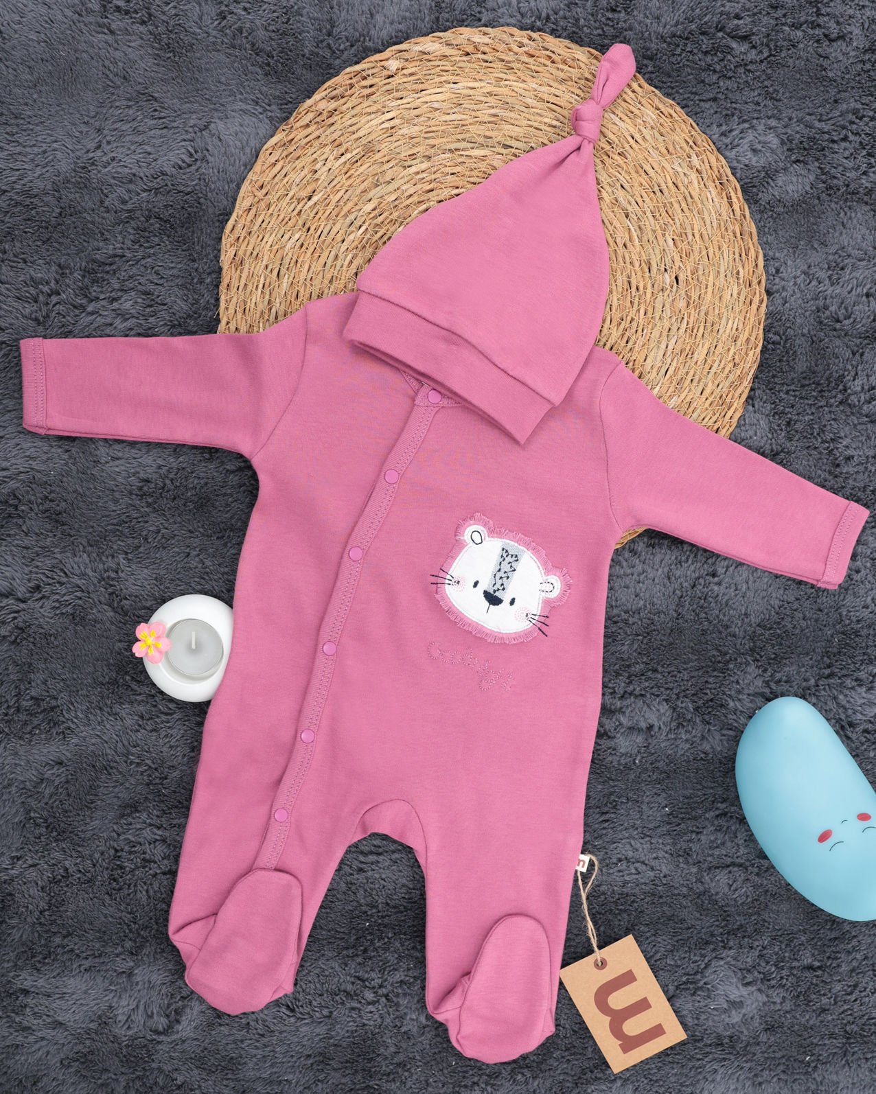 Aslan Desenli Çıtçıtlı Tulum / Şapka Hediye / %100 Pamuklu 0-3 Ay - pembe