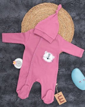 Aslan Desenli Çıtçıtlı Tulum / Şapka Hediye / %100 Pamuklu 0-3 Ay - pembe