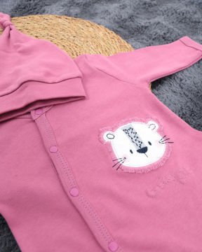 Aslan Desenli Çıtçıtlı Tulum / Şapka Hediye / %100 Pamuklu 0-3 Ay - pembe