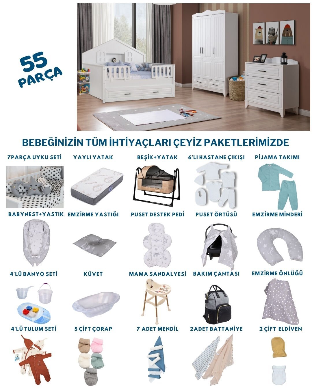 Miracool Ottoman Beyaz Montessori Bebek Çeyiz Paketi