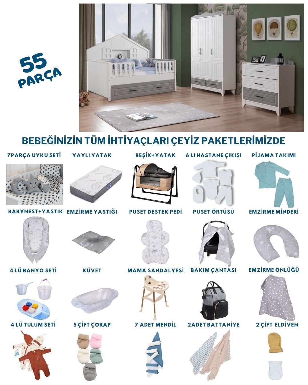 Miracool Ottoman Grey Montessori Bebek Çeyiz Paketi
