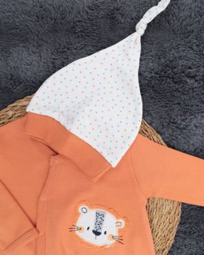 Çıtçıtlı Aslan Desenli Tulum / Şapka Hediye / %100 Pamuklu / Bebek Tulum / Yenidoğan Tulum Turuncu - 0-3 Ay