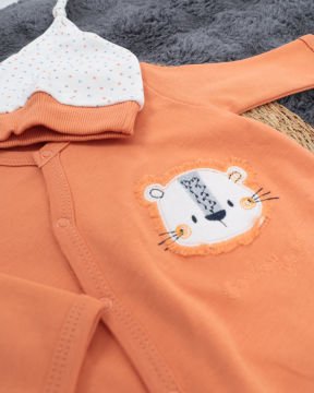 Çıtçıtlı Aslan Desenli Tulum / Şapka Hediye / %100 Pamuklu / Bebek Tulum / Yenidoğan Tulum Turuncu - 0-3 Ay