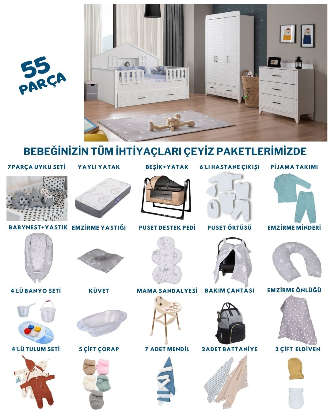 Miracool Panjur Beyaz Montessori Bebek Çeyiz Paketi