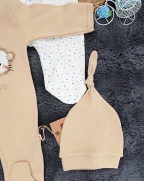 Çıtçıtlı Aslan Desenli Tulum / Şapka Hediye / %100 Pamuklu / Bebek Tulum / Yenidoğan Tulum Bej - 0-3 Ay