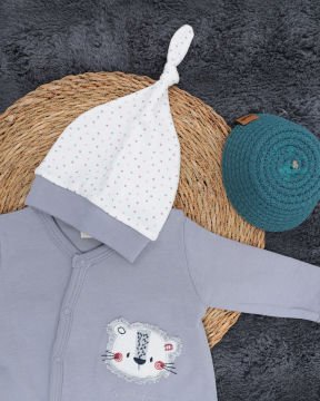 Çıtçıtlı Aslan Desenli Tulum / Şapka Hediye / %100 Pamuklu / Bebek Tulum / Yenidoğan Tulum Gri - 0-3 Ay