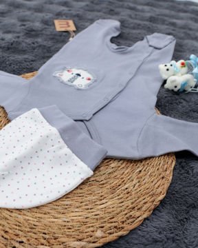 Çıtçıtlı Aslan Desenli Tulum / Şapka Hediye / %100 Pamuklu / Bebek Tulum / Yenidoğan Tulum Gri - 0-3 Ay