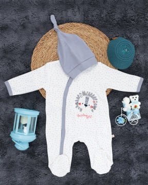 Çıtçıtlı Aslan Desenli Tulum / Şapka Hediye / %100 Pamuklu / Bebek Tulum / Yenidoğan Tulum beyaz-gri - 0-3 Ay