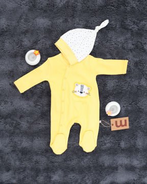 Aslan Desenli Çıtçıtlı Tulum / Şapka Hediye / %100 Pamuklu Sarı - 3-6 Ay