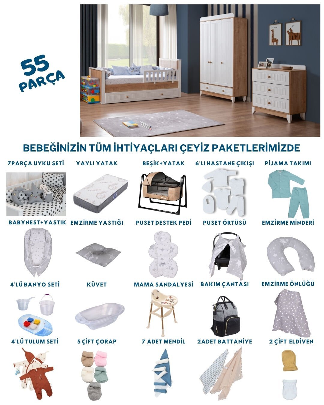 Paris Meşe-Beyaz Bebek Çeyiz Paketi