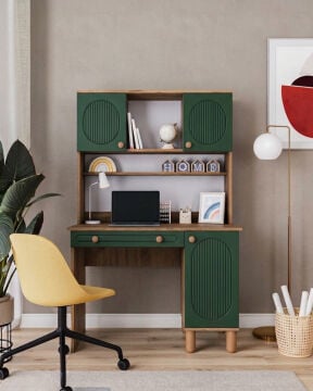 Milen Kitaplıklı Çalışma Masası / Komple MDF / Çam-Haki