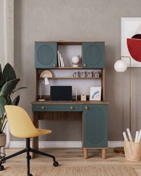 Milen Kitaplıklı Çalışma Masası / Komple MDF / Çam-Haki