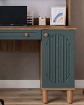 Milen - Otto Kitaplıklı Çalışma Masası / Komple MDF / Çam-Haki