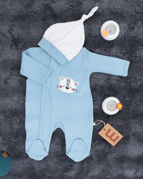 Aslan Desenli Çıtçıtlı Tulum / Şapka Hediye / %100 Pamuklu mavi - 3-6 Ay