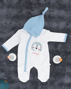 Aslan Desenli Çıtçıtlı Tulum / Şapka Hediye / %100 Pamuklu Beyaz-Mavi - 3-6 Ay