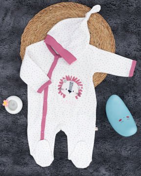Aslan Desenli Çıtçıtlı Tulum / Şapka Hediye / %100 Pamuklu beyaz-pembe - 3-6 Ay