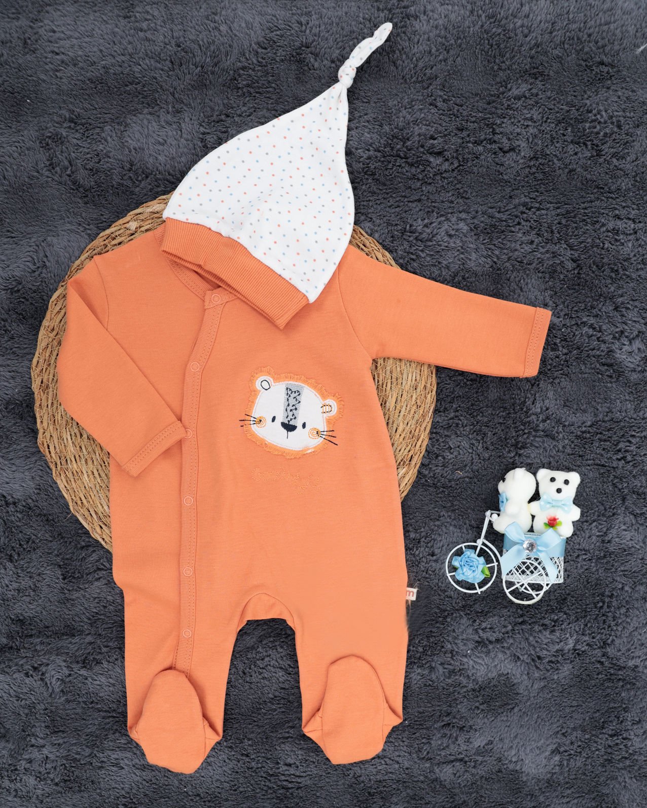 Çıtçıtlı Aslan Desenli Tulum / Şapka Hediye / %100 Pamuklu / Bebek Tulum / Yenidoğan Tulum Turuncu - 3-6 Ay