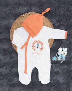 Çıtçıtlı Aslan Desenli Tulum / Şapka Hediye / %100 Pamuklu / Bebek Tulum / Yenidoğan Tulum Beyaz-Turuncu - 3-6 Ay