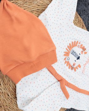 Çıtçıtlı Aslan Desenli Tulum / Şapka Hediye / %100 Pamuklu / Bebek Tulum / Yenidoğan Tulum Beyaz-Turuncu - 3-6 Ay