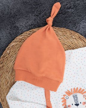 Çıtçıtlı Aslan Desenli Tulum / Şapka Hediye / %100 Pamuklu / Bebek Tulum / Yenidoğan Tulum Beyaz-Turuncu - 3-6 Ay