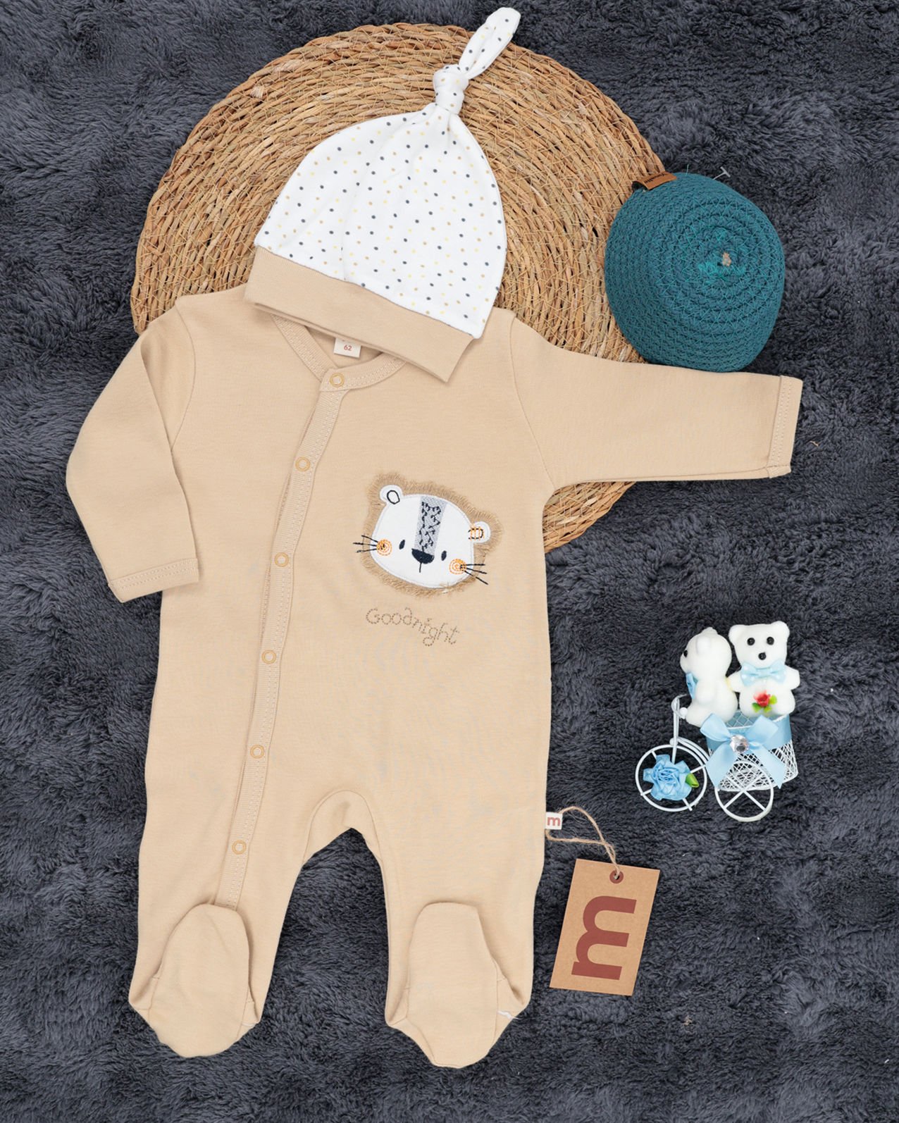 Çıtçıtlı Aslan Desenli Tulum / Şapka Hediye / %100 Pamuklu / Bebek Tulum / Yenidoğan Tulum Bej - 3-6 Ay