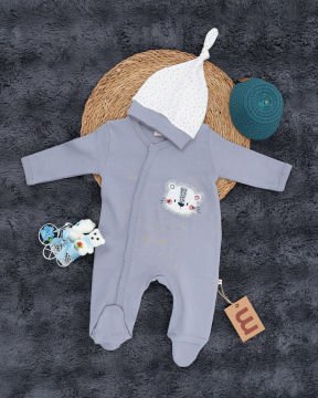 Çıtçıtlı Aslan Desenli Tulum / Şapka Hediye / %100 Pamuklu / Bebek Tulum / Yenidoğan Tulum Gri - 3-6 Ay