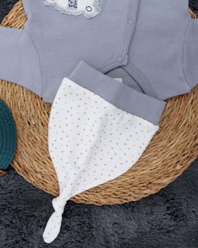 Çıtçıtlı Aslan Desenli Tulum / Şapka Hediye / %100 Pamuklu / Bebek Tulum / Yenidoğan Tulum Gri - 3-6 Ay
