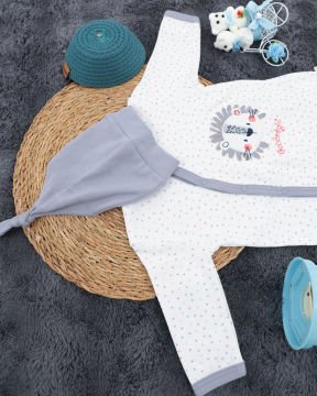 Çıtçıtlı Aslan Desenli Tulum / Şapka Hediye / %100 Pamuklu / Bebek Tulum / Yenidoğan Tulum beyaz-gri - 3-6 Ay