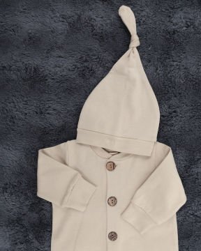 Düğmeli Bebek Tulum / %100 Pamuklu Kumaş / Şapka Hediye / Yenidoğan Tulum Bej - 0-3 Ay