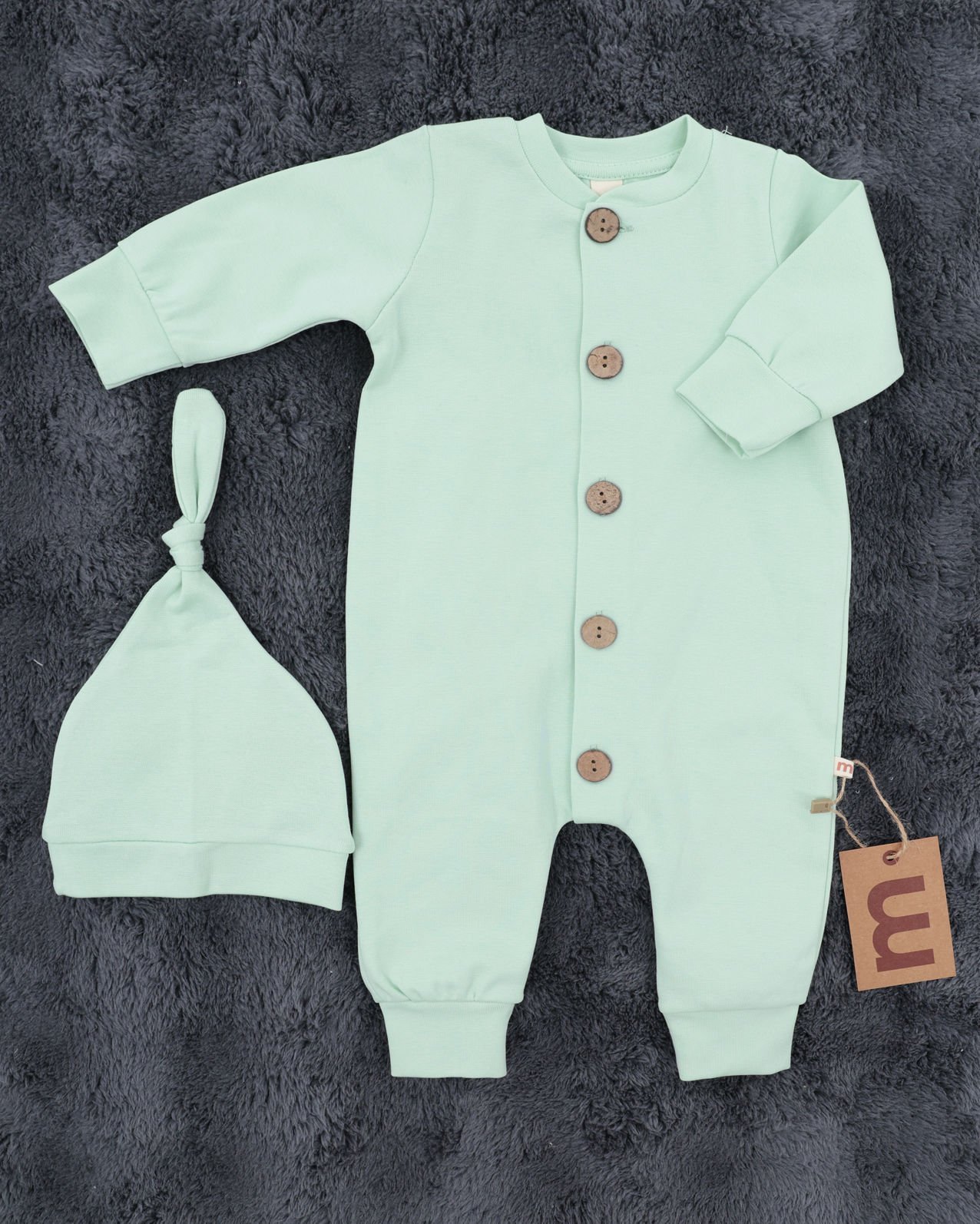 Düğmeli Bebek Tulum / %100 Pamuklu Kumaş / Şapka Hediye / Yenidoğan Tulum mint - 0-3 Ay