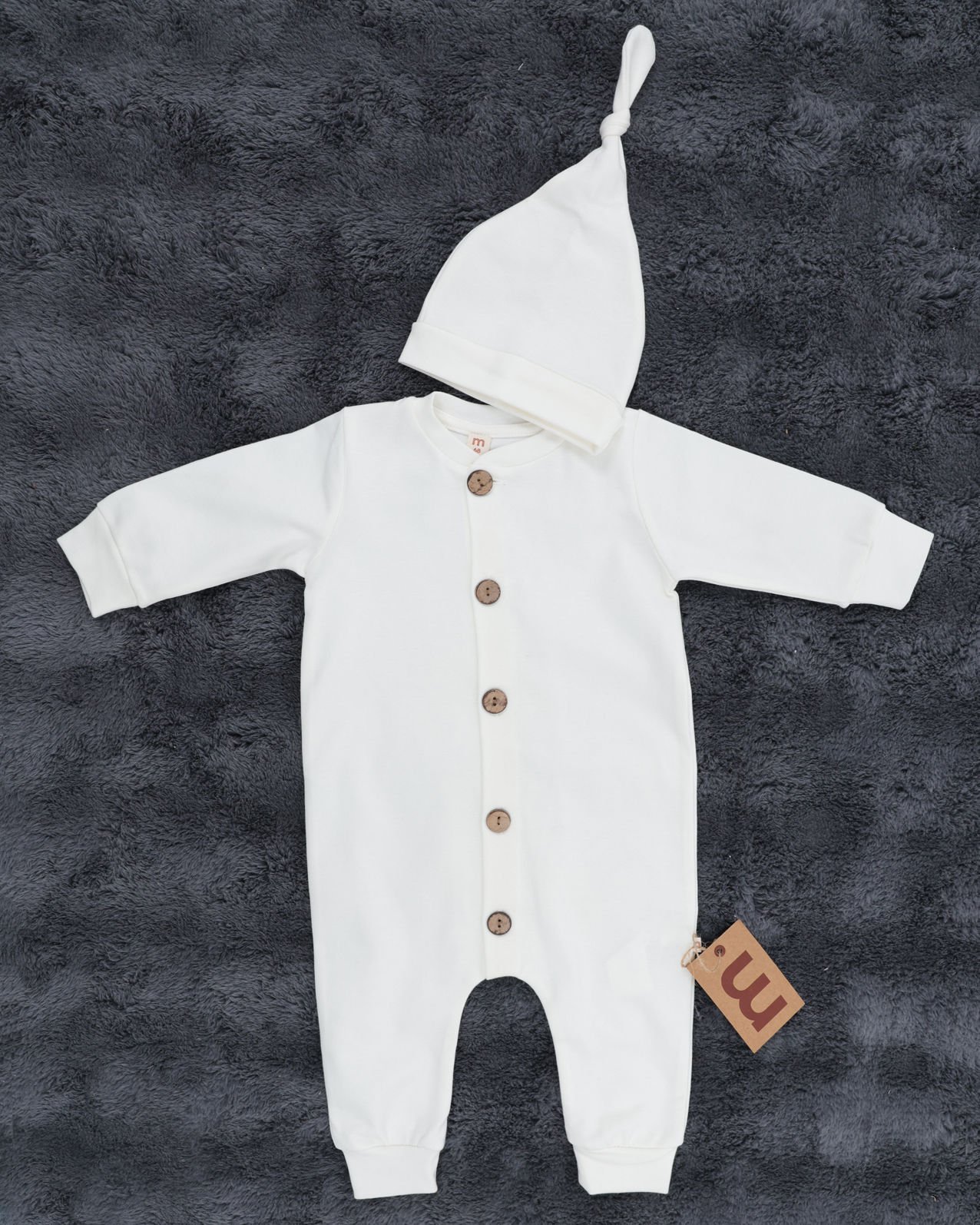 Düğmeli Bebek Tulum / %100 Pamuklu Kumaş / Şapka Hediye / Yenidoğan Tulum beyaz - 3-6 Ay