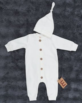 Düğmeli Bebek Tulum / %100 Pamuklu Kumaş / Şapka Hediye / Yenidoğan Tulum beyaz - 6-9 Ay
