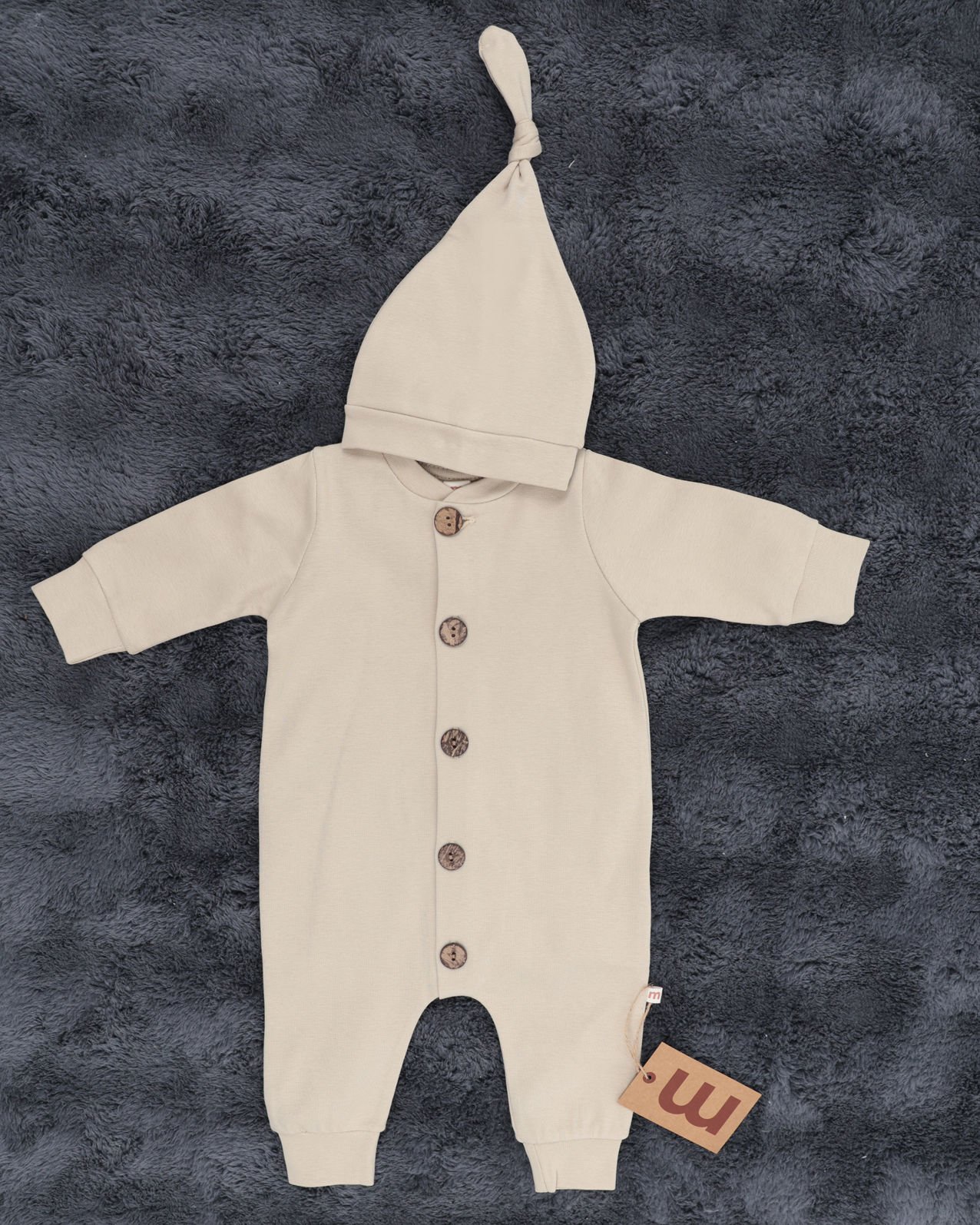 Düğmeli Bebek Tulum / %100 Pamuklu Kumaş / Şapka Hediye / Yenidoğan Tulum Bej - 6-9 Ay