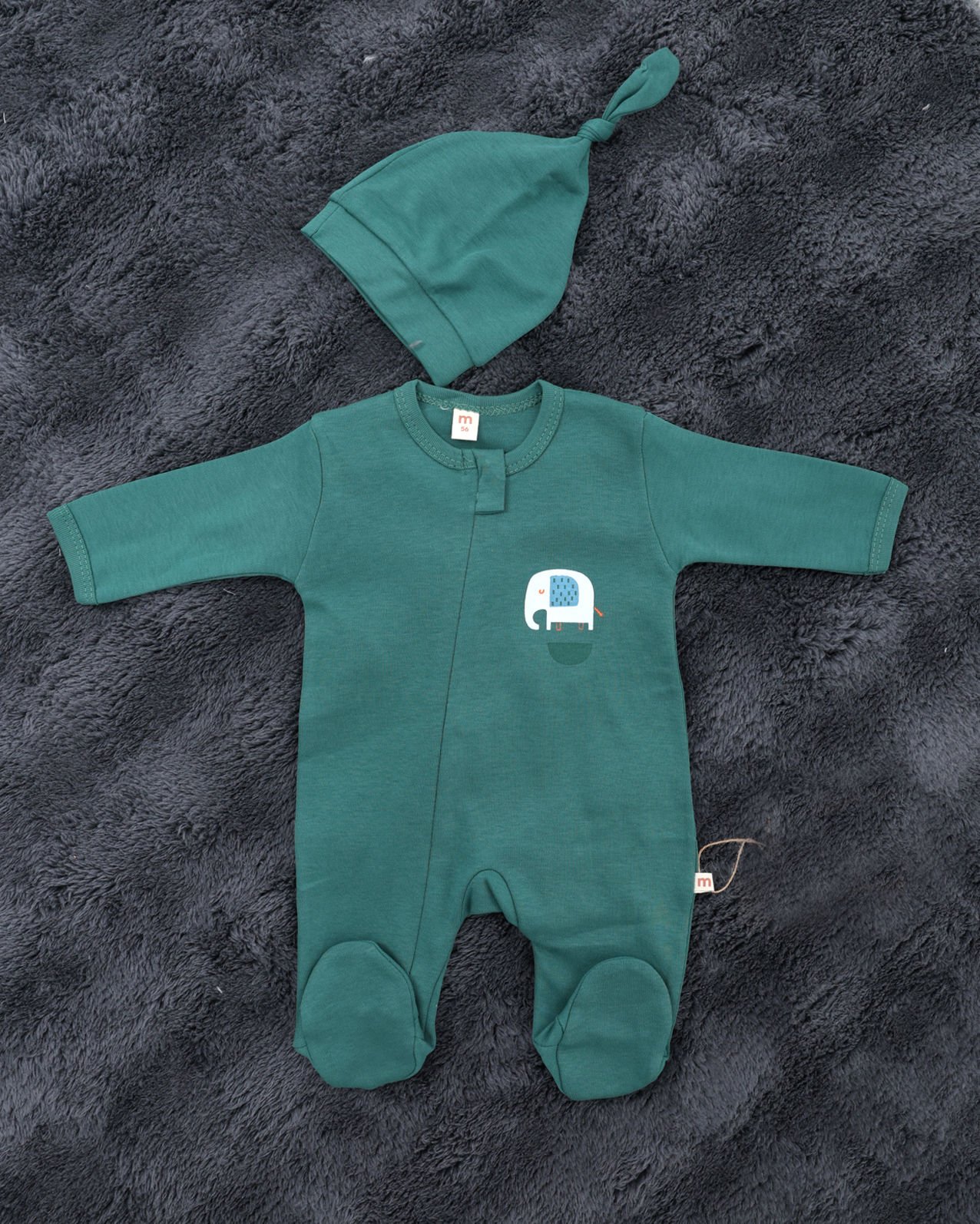 Fermuarlı Fil Desenli Bebek Tulum / Şapka Hediye / %100 Pamuklu / Yenidoğan Tulum Yeşil - 0-3 Ay