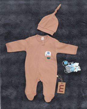 Fermuarlı Fil Desenli Bebek Tulum / Şapka Hediye / %100 Pamuklu / Yenidoğan Tulum Kahve - 0-3 Ay